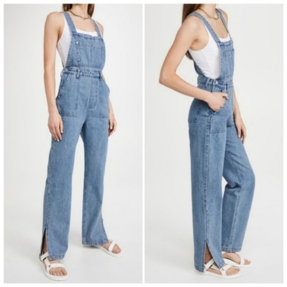 WeWoreWhat Denim - WeWoreWhat Slouchy Slit Overalls in Steel Jumpsuit Wide Straight Leg Blue